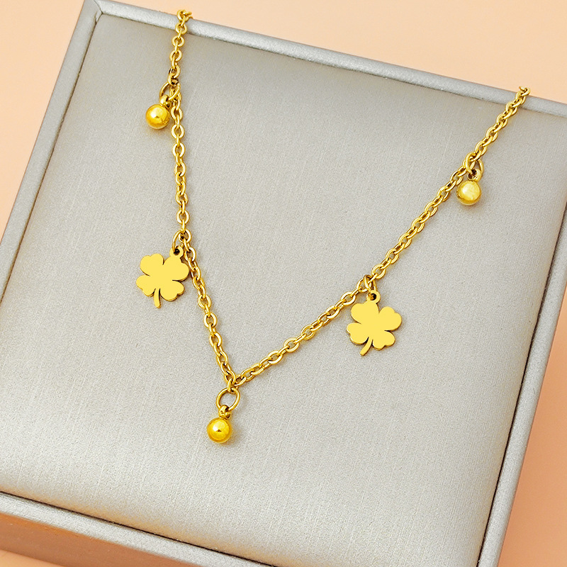 Titanium steel does not fade four-leaf clover ankle chain for women, round beads, Korean version, simple and fashionable, Instagram style, foreign trade cross-border wholesale