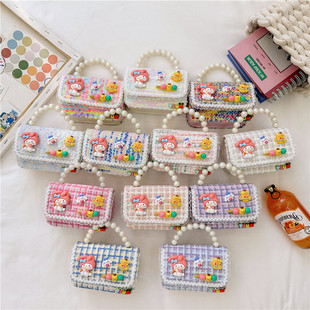 Autumn and Winter western style children's small square bag female fashion girls contrast color chain shoulder bag simple beaded handbag wholesale