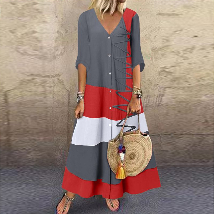 European and American Summer New Amazon Independent Station wishV Collar Short Sleeve Printed Long Dress with Buttons Casual Dress