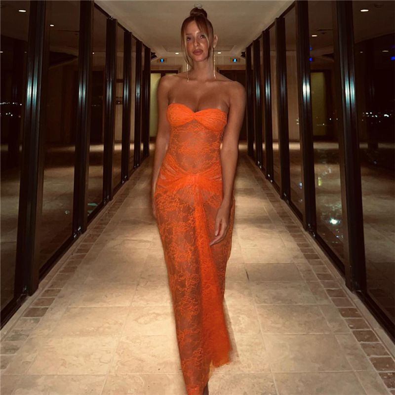 INS European and American Style 2023 Summer New Women's Fashion Sexy Wrap Chest Lace Perspective Slim-Fit Sheath Dress