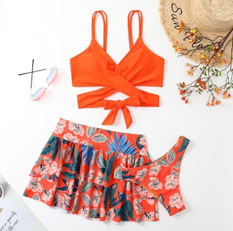 2023 New Amazon swimsuit women's sexy backless printed high waist split skirt three-piece hot spring swimsuit
