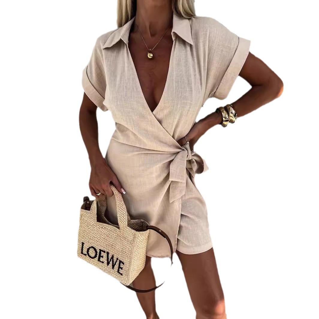 2024 European and American Summer Women's Amazon temu Explosions Short Sleeve Cotton and Linen Top 882418