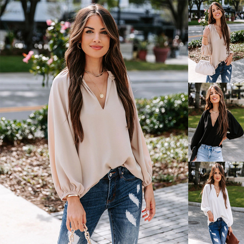 European and American Cross-border Spring and Summer New Women's Cool Long-sleeved Shirt Solid Color Casual V-neck Loose Top Women's Clothing