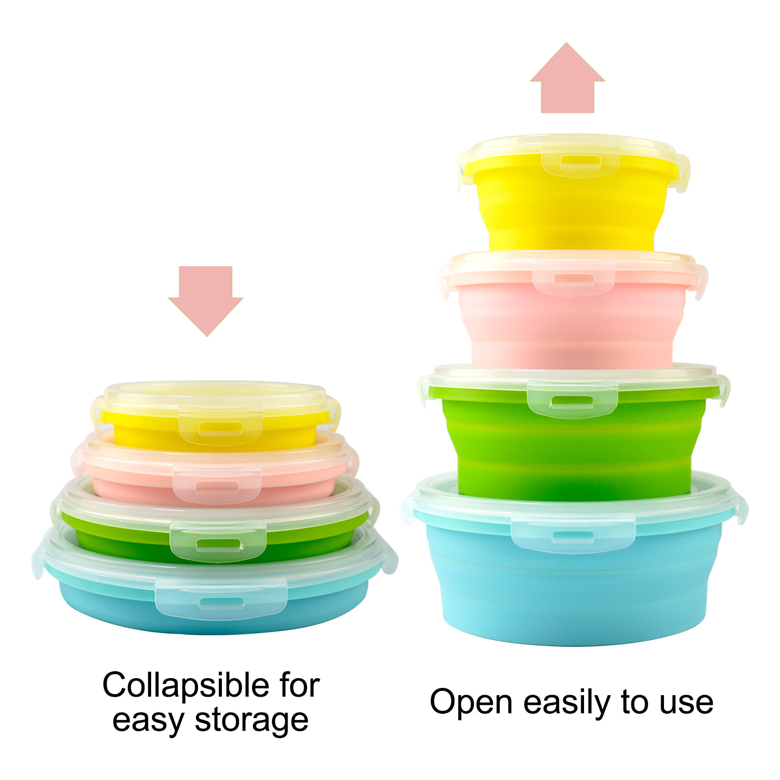 Round Foldable Silicone Lunch Box suit Lunch Box Four-Piece Single Layer Printable LOGO with Sealing Cover