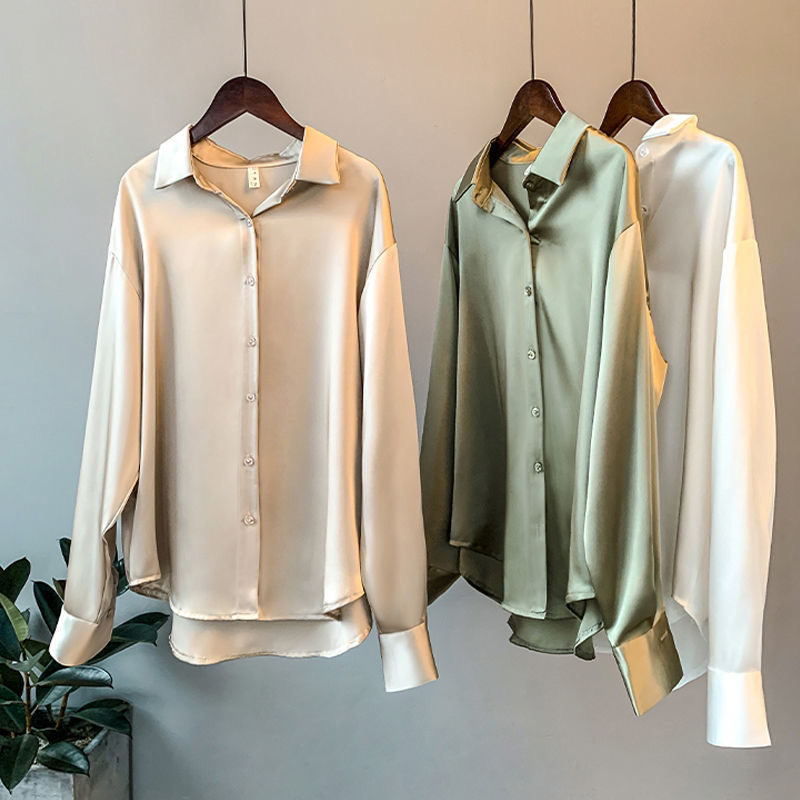 Long-Sleeved Satin Shirt Women's Design Sense Niche 2024 Spring and Summer Sunscreen All-Match Draped Retro Hong Kong Style Shirt Top
