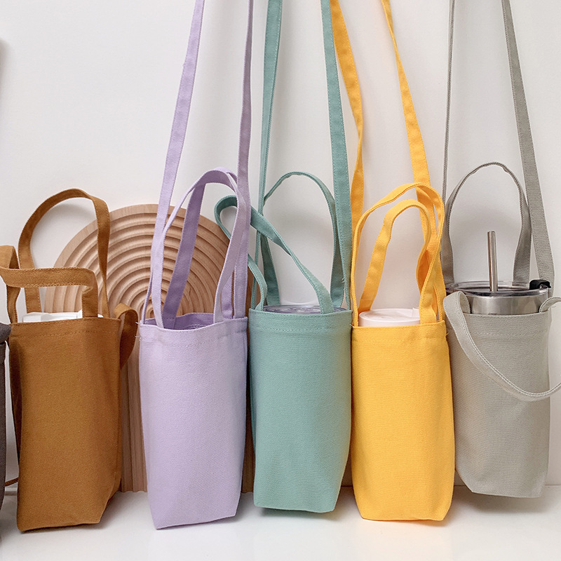 Portable Accompaniant Crossbody Cup Bag Coffee Bag Glass Cup Cover Hand-Carrying Portable Thermal Insulation Solid Color Canvas Cup Cover