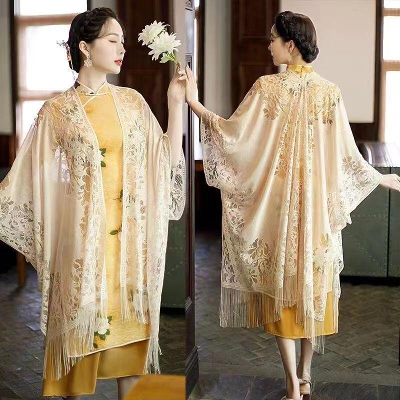 Summer Thin Sunscreen Lace Hollow Shawl Jacquard Silk Scarf Ethnic Style Tassel Women's Cheongsam Wearing Western Style
