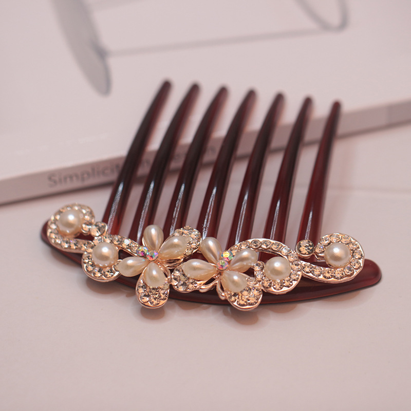 Korean-style Seven-tooth hair comb Pearl plate hair comb all-match rhinestone non-slip hair iron back head hair accessories headdress