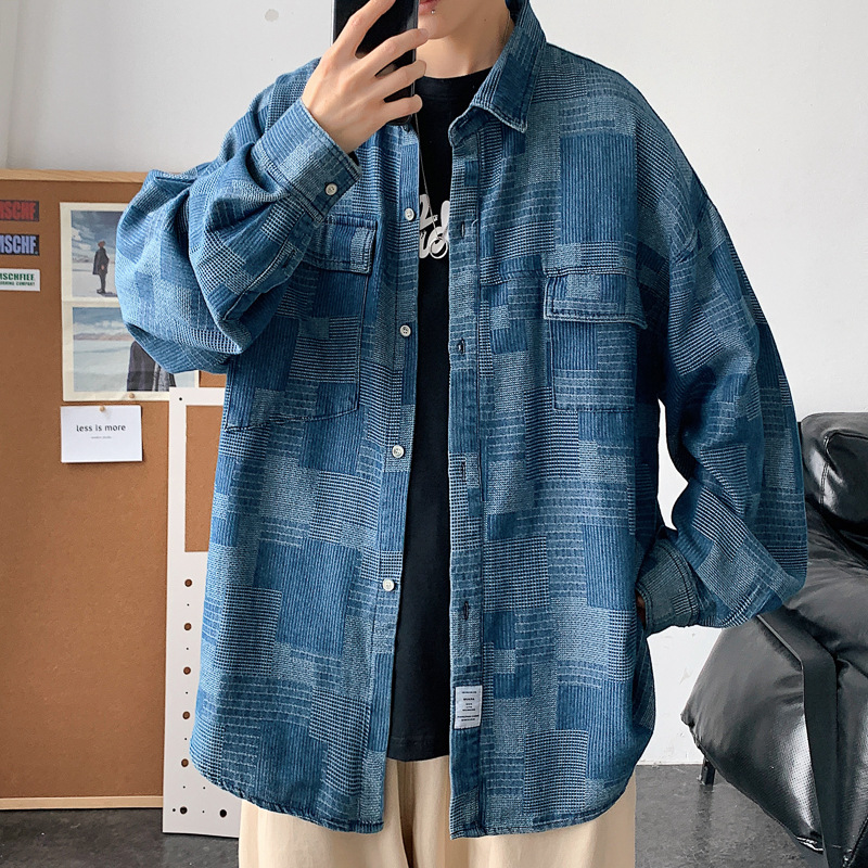 Hong Kong Style Autumn Denim Workwear Jacket Harajuku Style Shirt Men's Thin Japanese Style Fashional Brand Loose Long-sleeved Casual Shirt