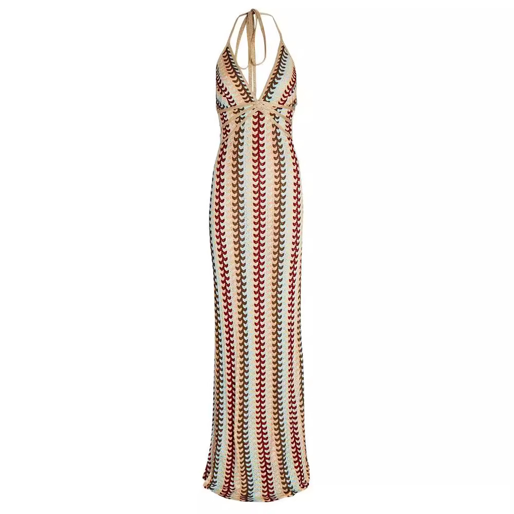 2024 Cross-border Amazon AliExpress Explosions Color Contrast Lace V-neck Strap Backless Beach Dress HY124