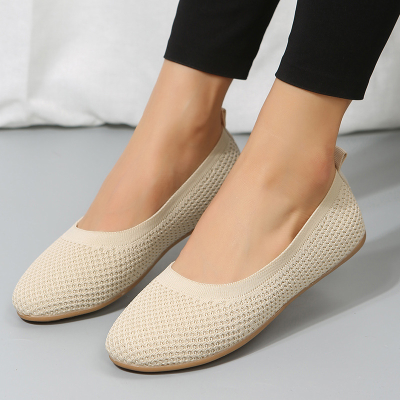 日韓外貿飛織平底透氣單鞋女淺口針織低幫四季工作鞋Nude shoes