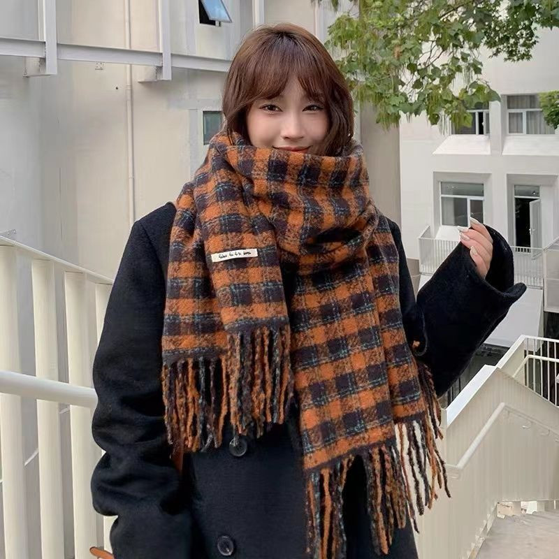 新款網紅圍巾女秋冬季韓版百搭幾何格子加厚學生情侶圍脖保暖披肩