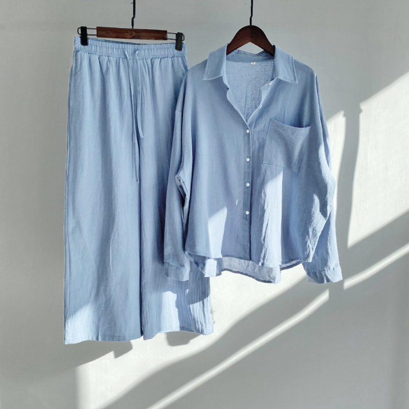 Cross-border Amazon Women's 2-piece Vintage Plus Size 2022 Cotton and Linen Shirt Set High Waist Loose Trousers