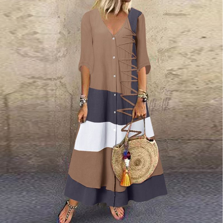 European and American Summer New Amazon Independent Station wishV Collar Short Sleeve Printed Long Dress with Buttons Casual Dress