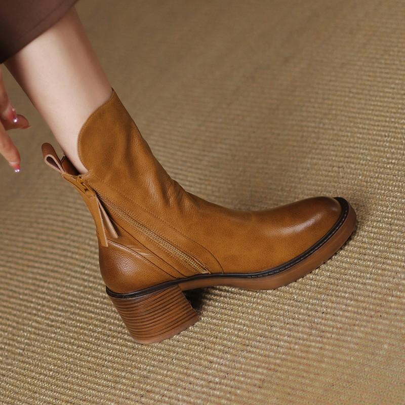23 Autumn New genuine leather thick bottom round toe brushed double zipper Martin boots Women's thick heel platform Brown retro short boots