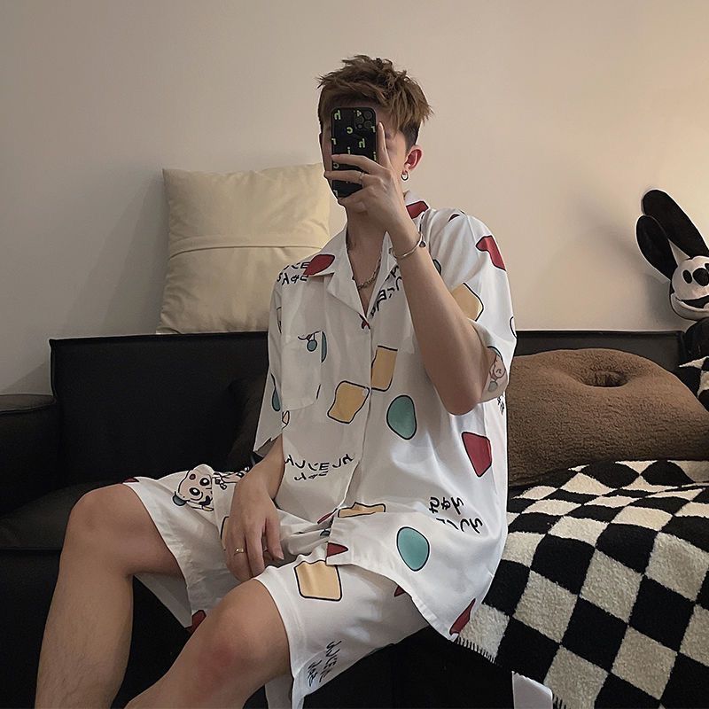 Men's Pajamas Summer Ice Silk Short-sleeved Thin Outer-Wearing High-end Summer Silk Simulation Large-size Home Suit