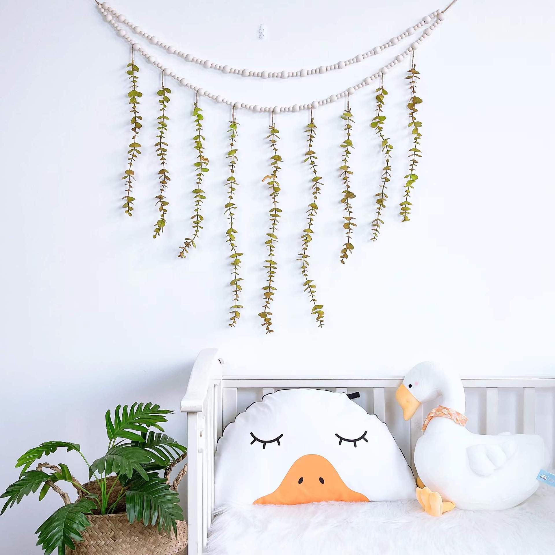 ins Nordic style wooden beads simulation eucalyptus leaf hemp rope photo storage home wall hanging decoration hanging ornaments