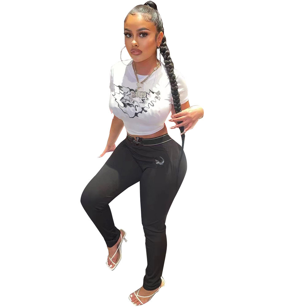 Y71320 New Cross-border European and American Independent Station High Street Tide Brand Wear Two Pieces of Letter Printed Short Sleeve T-shirt Trousers