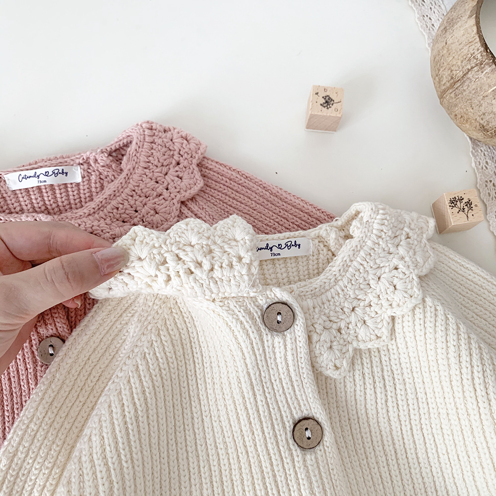 Cutemily autumn and winter cross-border baby girl hand hook lotus leaf collar cardigan baby girl thick vintage sweater coat