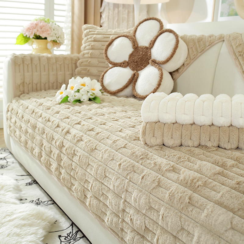 Rabbit Fur Internet-famous Sofa Cushion Autumn/Winter Thickened Plush Seat Pad Non-slip Leather Sofa Cover New Style Cover Cloth