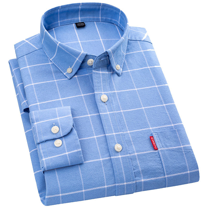 New Style All Cotton Long Sleeve Casual Plaid Pure Cotton Oxford Spinning Shirt Men's Business Stripe Korean Style Slim-fit Non-ironing Shirt