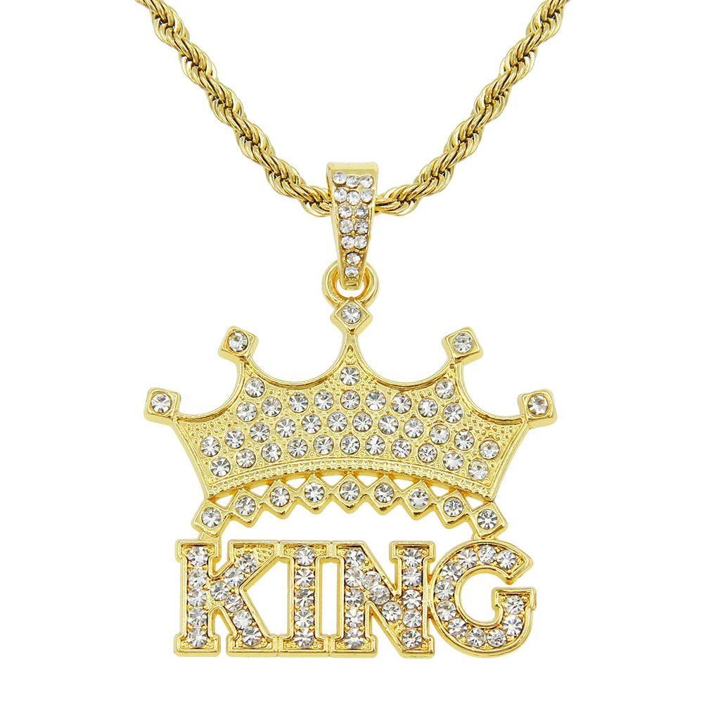 歐美滿鑽皇冠字母king吊墜項鍊配飾掛件嘻哈說唱街舞炫酷項墜飾品