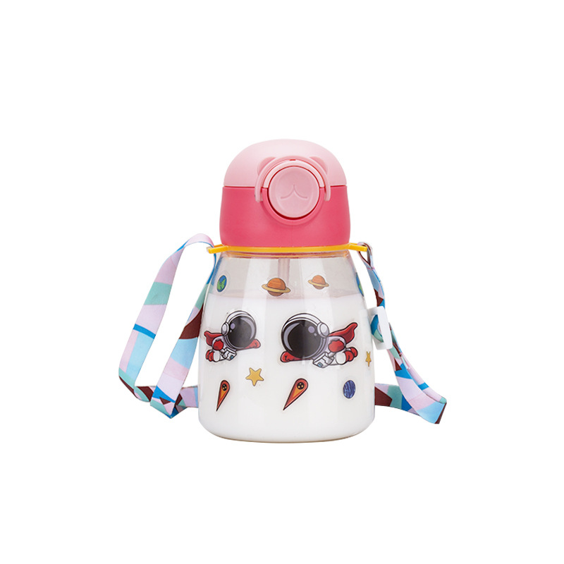 New Cartoon children's plastic cup stickers large capacity straw water Cup male and female students crossbody outdoor bounce Cup