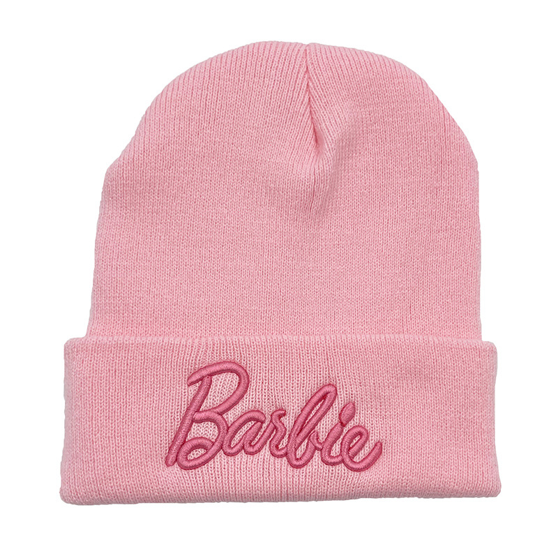 跨境芭比粉色Barbie周邊刺繡毛線針織帽學生戶外男女秋冬季保暖帽