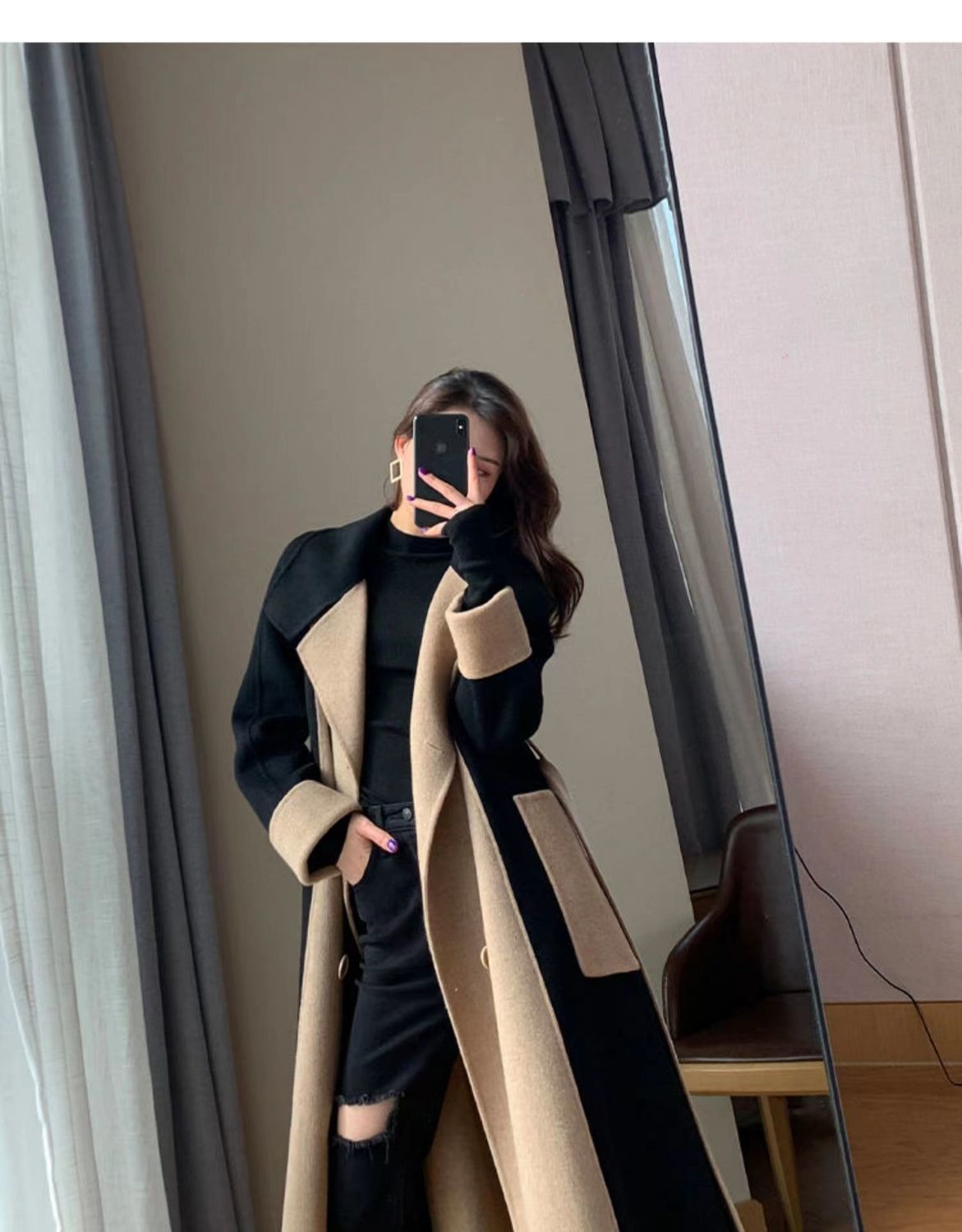 Uldfrakke Dame lang 2023 vinter Ny dobbeltsidet fleece uld farveblok Elegant Hepburn stil slankende frakke_voghion.com
