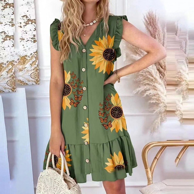 European and American Foreign Trade 2023 Summer New Amazon V-neck Button Flying Sleeve V-neck Loose Printed Dress