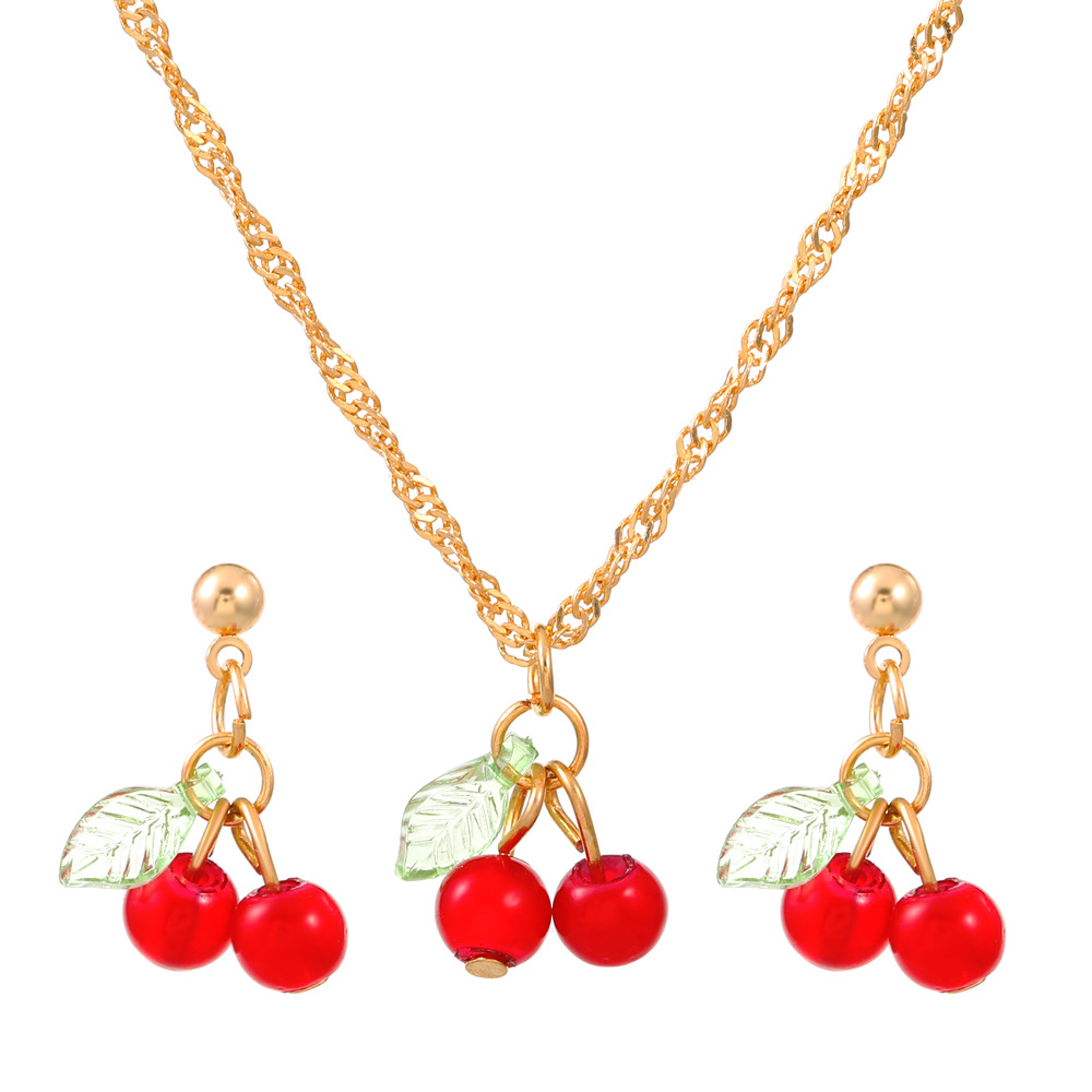 Cross-border cherry red necklace earrings suit light luxury niche design clavicle chain elegant exquisite suit jewelry for women