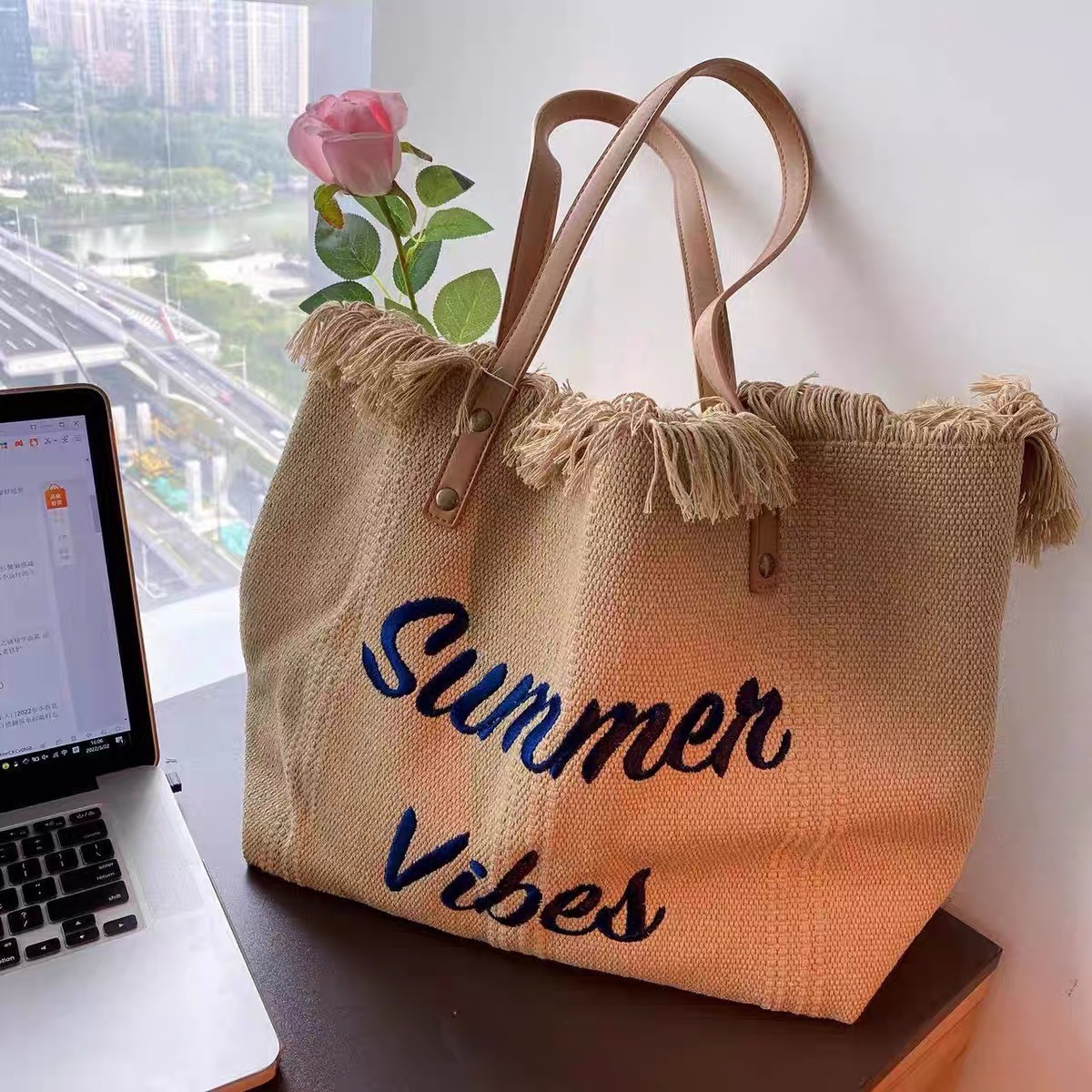 Bag Large Capacity Canvas Bag Embroidered Letters Tote Bag Handbag Women's Bag Woven Beach Bag Shoulder Bag Bags