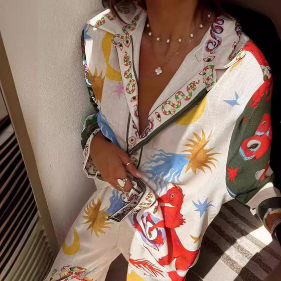 Europe and the United States cross-border 2025 new independent station AliExpress fashion personality printed Macaron linen long sleeve shirt suit