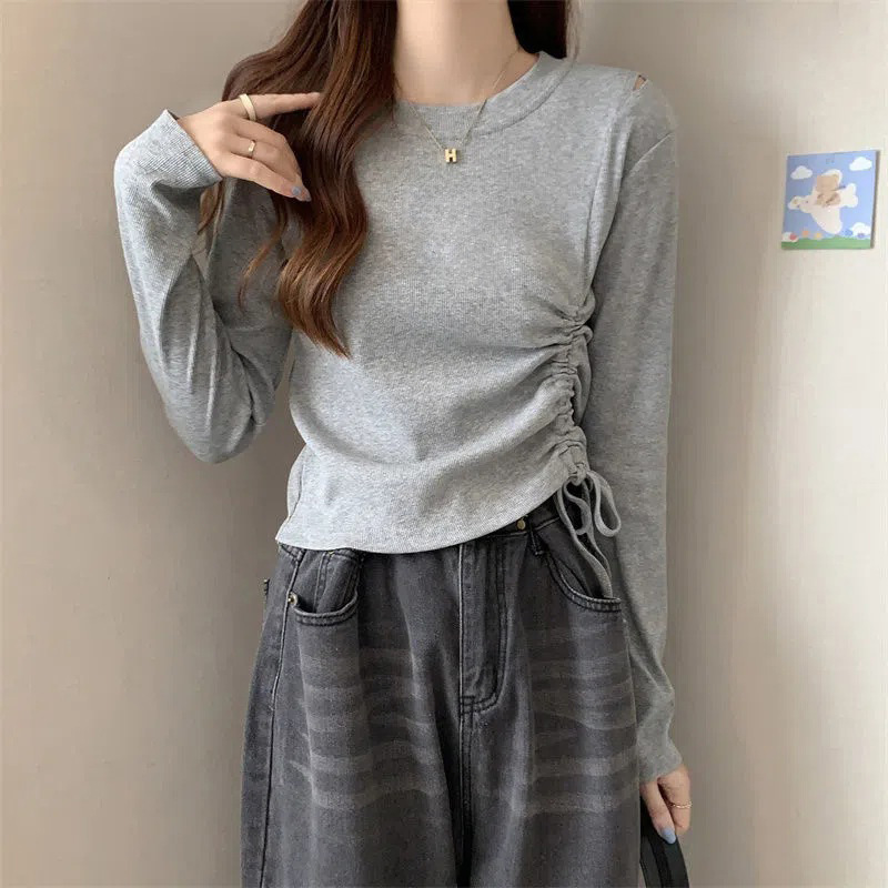 Spring and summer long-sleeved T-shirts for women, slimming bottoming shirts, drawstring inner bottoming shirts, slimming, irregular short tops