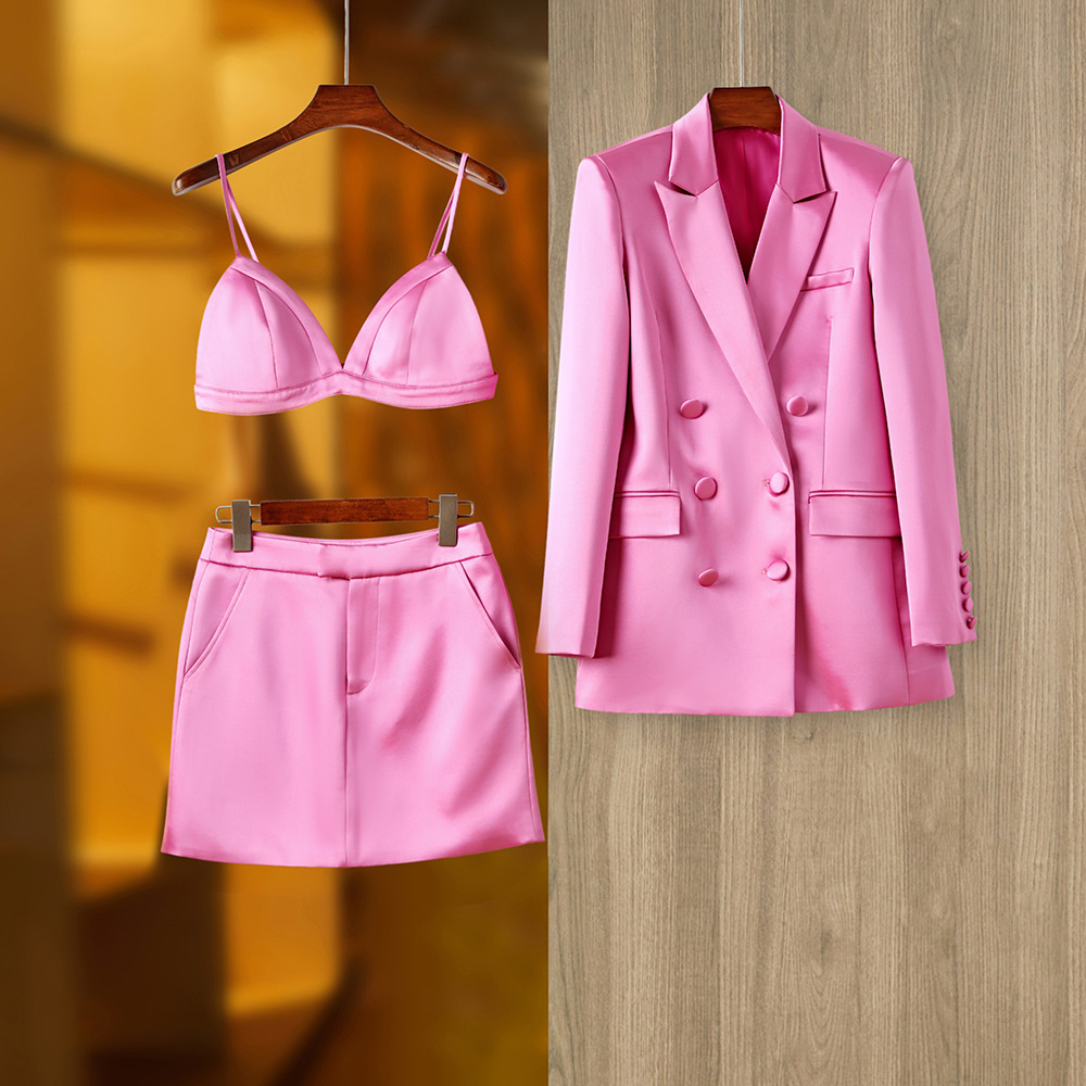High-end French Retro Spring and Summer Sanding Bright Noodles Niche Design Suit Jacket Vest Skirt Three-piece Set_voghion.com