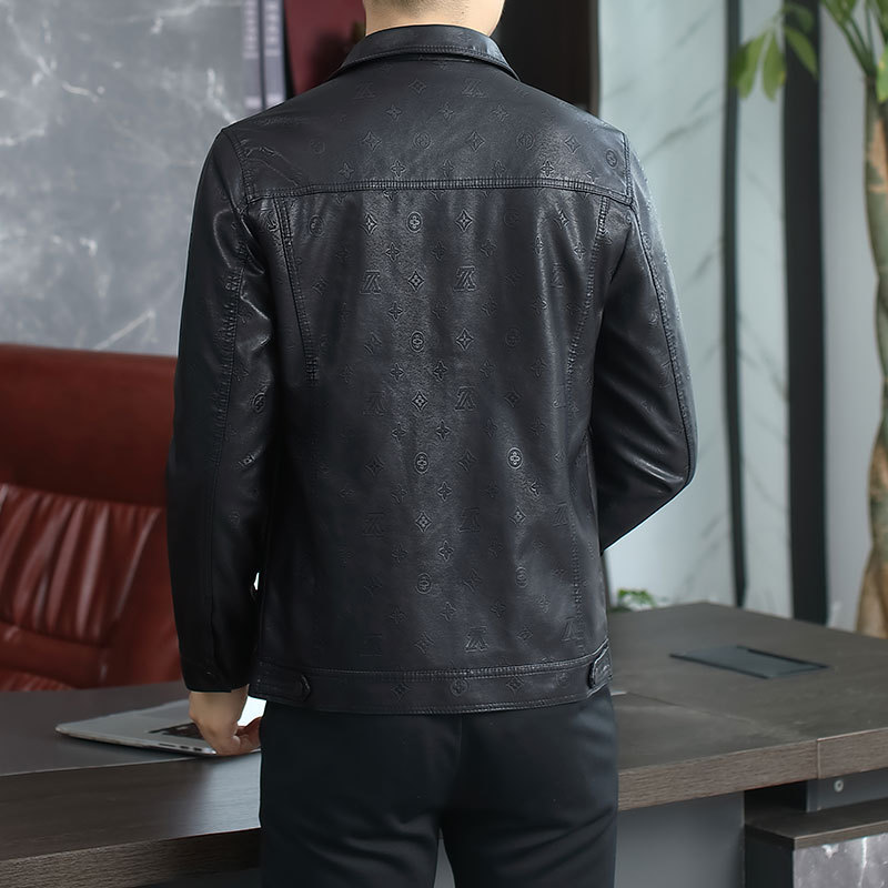 Leather coat men's spring and autumn fashion brand European station casual men's jacket leather jacket high-end lapel printing fashion