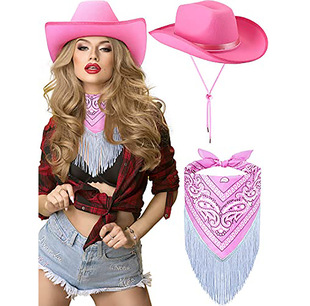 Black Pink Sequin Denim Hat Western Big Rim Hat Party Hat Non-woven Five-pointed Star Sequin Hat 2-piece Set