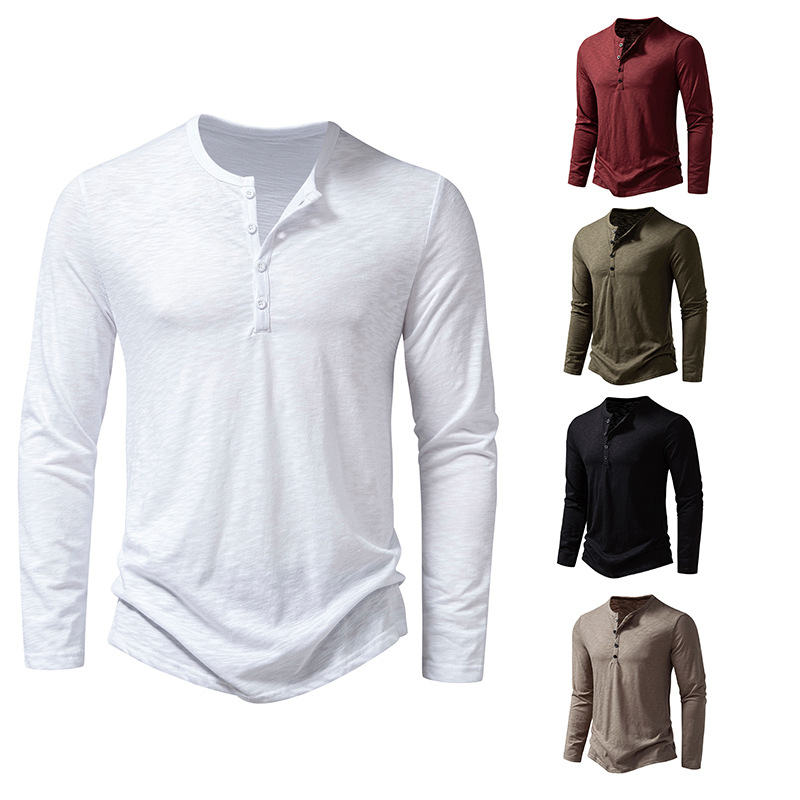2023 Foreign Trade Autumn New Amazon European Size Men's Solid Color Slub Cotton Henry Collar Fashion Long Sleeve T-shirt for Men