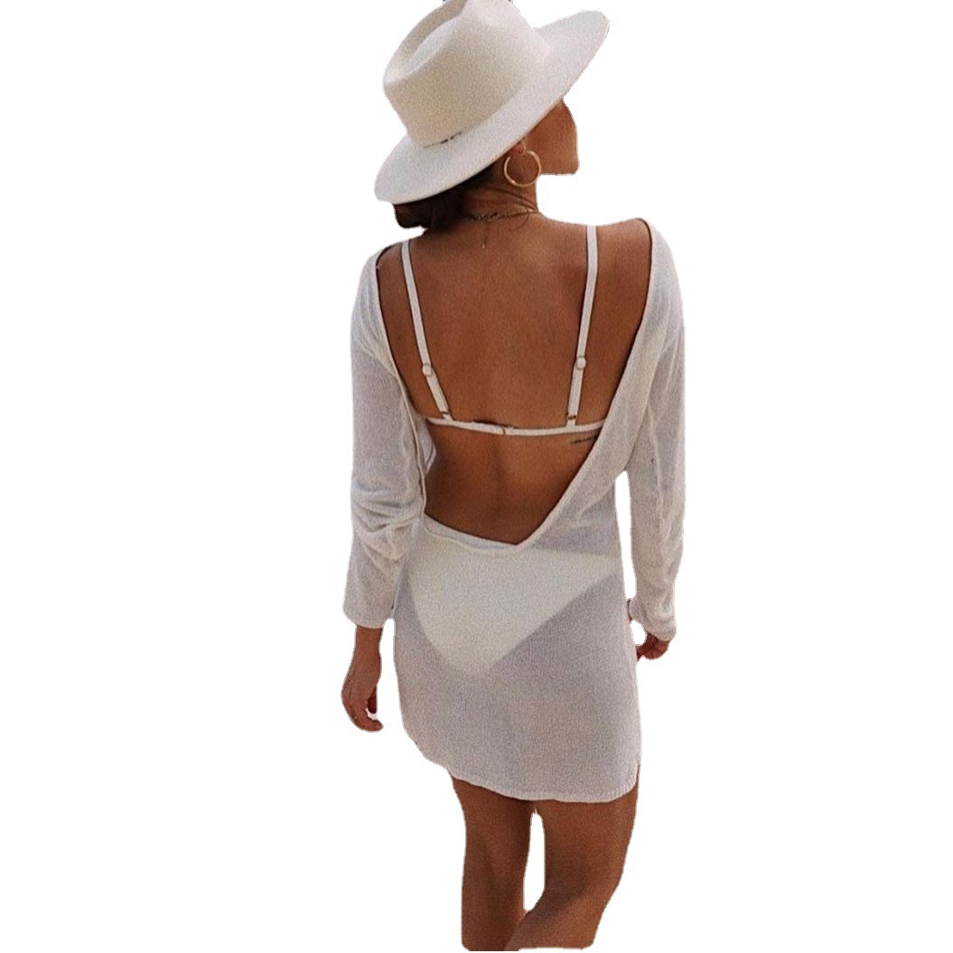 Cross-border Amazon Summer New Ice Silk Sexy Backless Beach Dress Vacation Bikini Knit Blouse Women