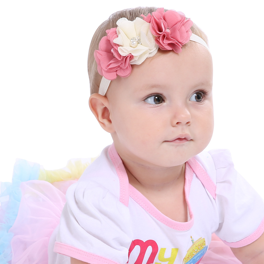 Children's three-petal hand-stitched flower headband with pearl and water drill chiffon baby hair tie, European and American infant elastic hair tie