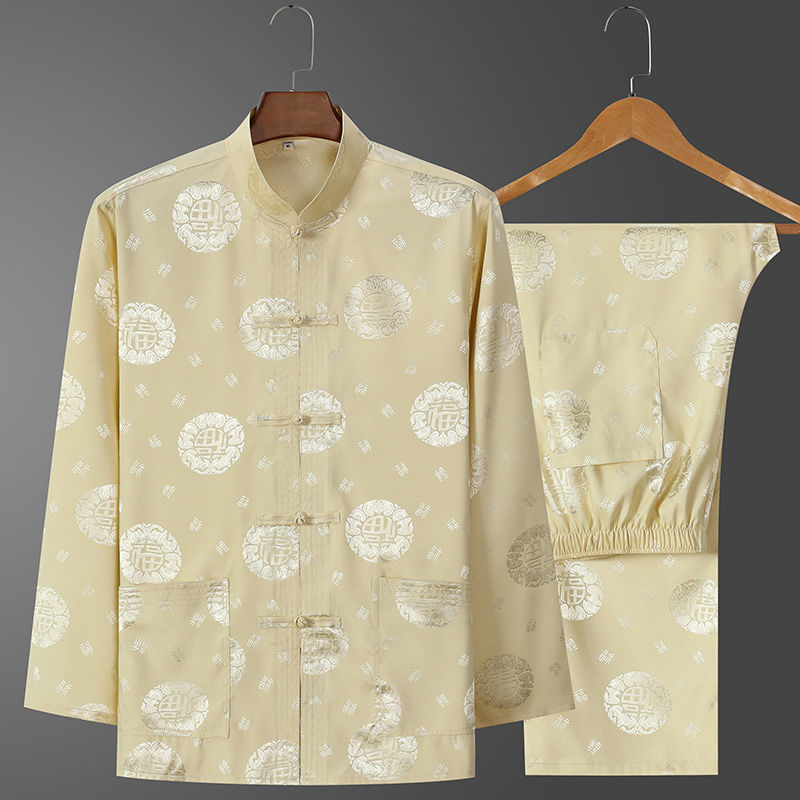 Old Man Tang Suit Men's Ice Silk Long Sleeve Summer Middle-aged and Old People's Birthday Grandpa Suit Chinese Style Dad Spring and Autumn Suit