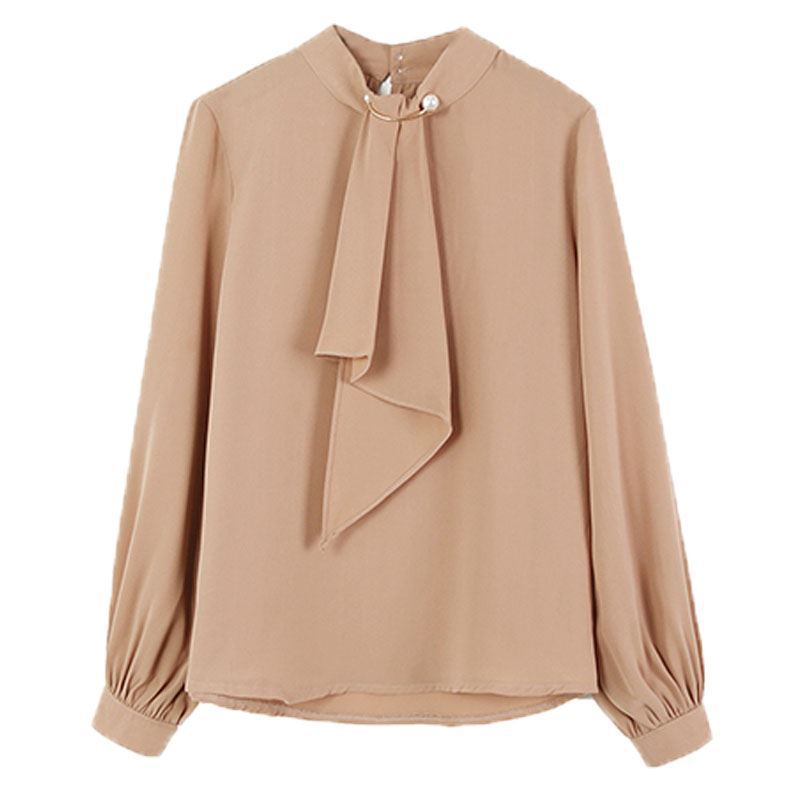2024 Spring New Korean Style Ring Buckle Lantern Sleeve Pullover Chiffon Shirt Women's Long Sleeve Base Shirt Top