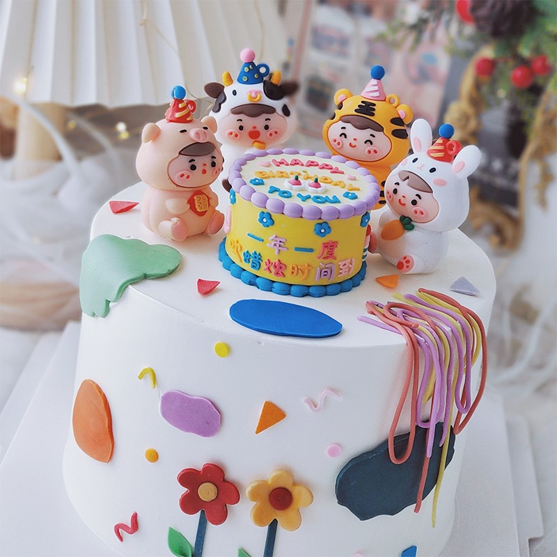 Mingkang Soft Glue Twelve Zodiac Cake Ornaments Party Hat Tiger Treasure Rabbit Baby Children's Birthday Party Baking Supplies