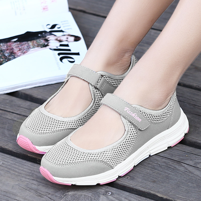 Cross-border 2021 Summer Mesh Soft-soled Walking Shoes Women's Lightweight Large Size Velcro One-step Lazy Women's Breathable Shoes