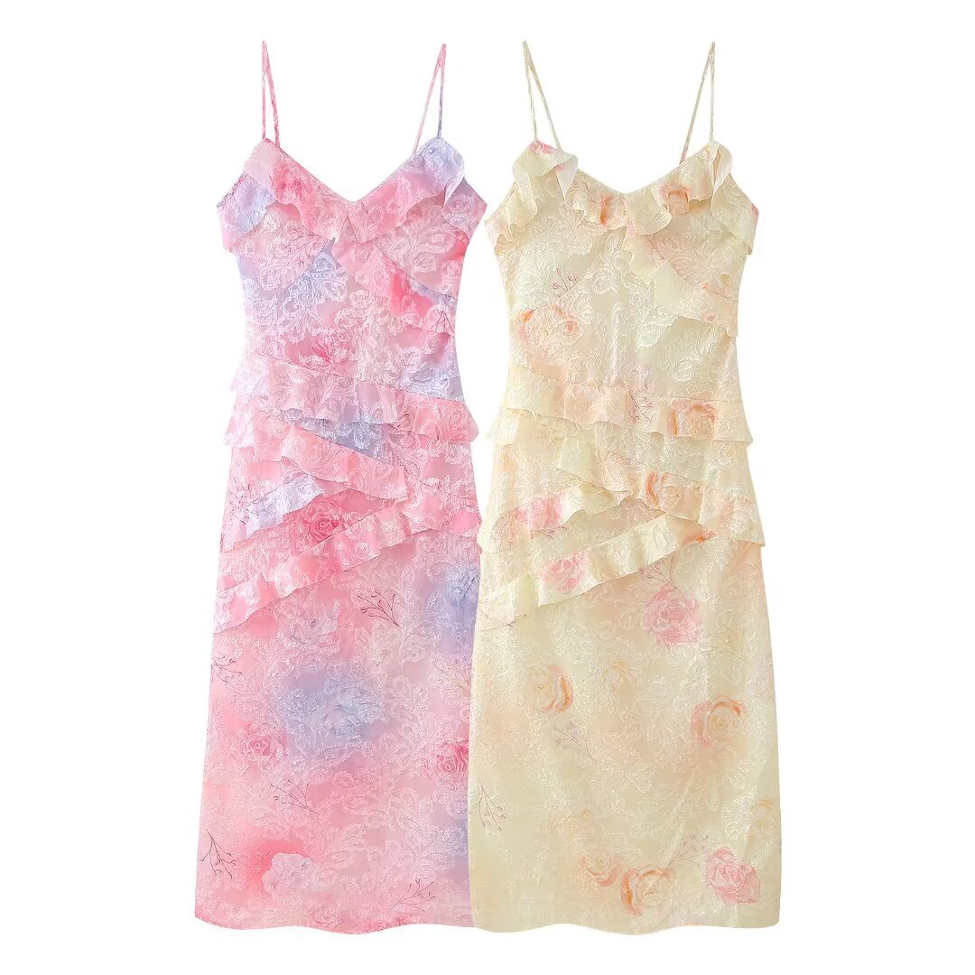 Cross-border European and American Women's Express Explosions Wave Edge Sling Dress-Long-term Stock Up on Shelf