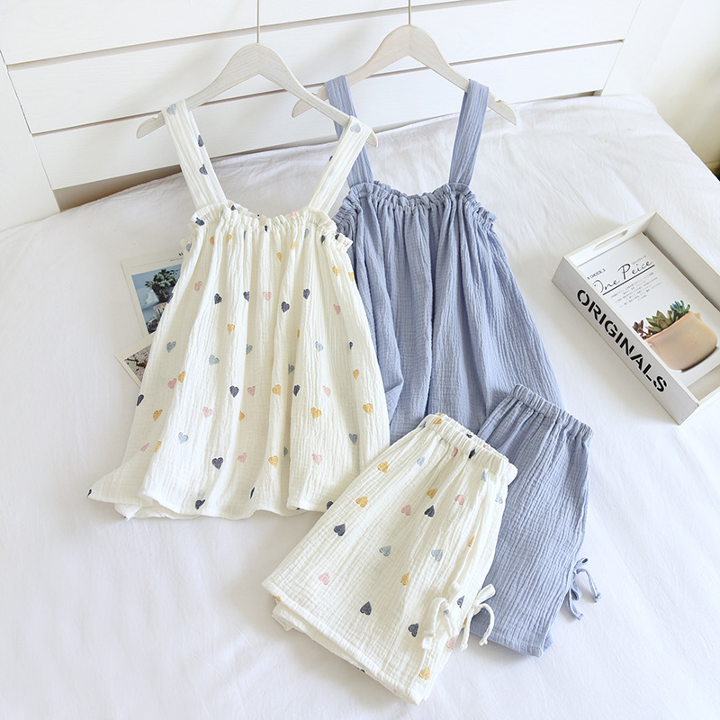 Pajamas Women's Summer New Pure Cotton Gauze Sling Shorts Vest Set Korean Style Cotton Yarn Sweet Loose Home Clothes