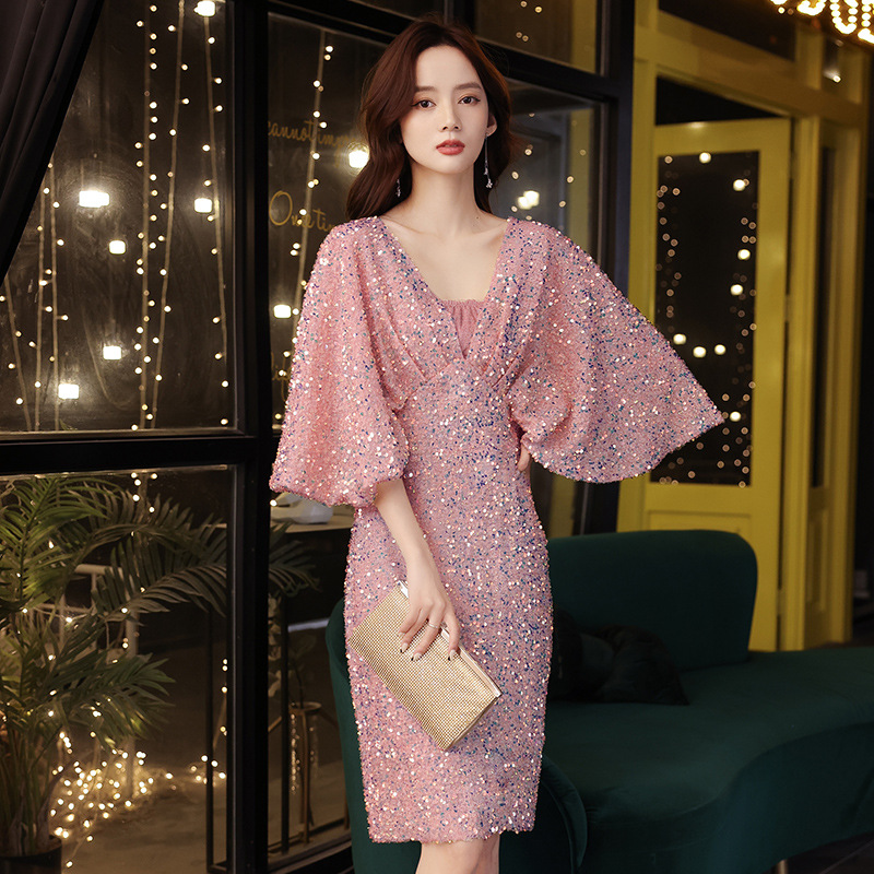 Small evening dress dress female summer temperament socialite pink banquet party birthday party host dress can be worn at ordinary times