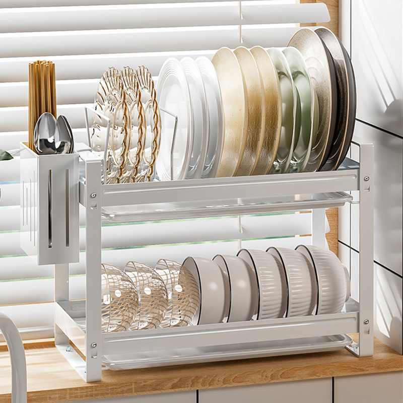 Stainless Steel Dish Rack Kitchen Storage Rack Table Top Dish Rack Drain Rack Double-Layer Table Top Dish Chopsticks Windowsill Storage Basket