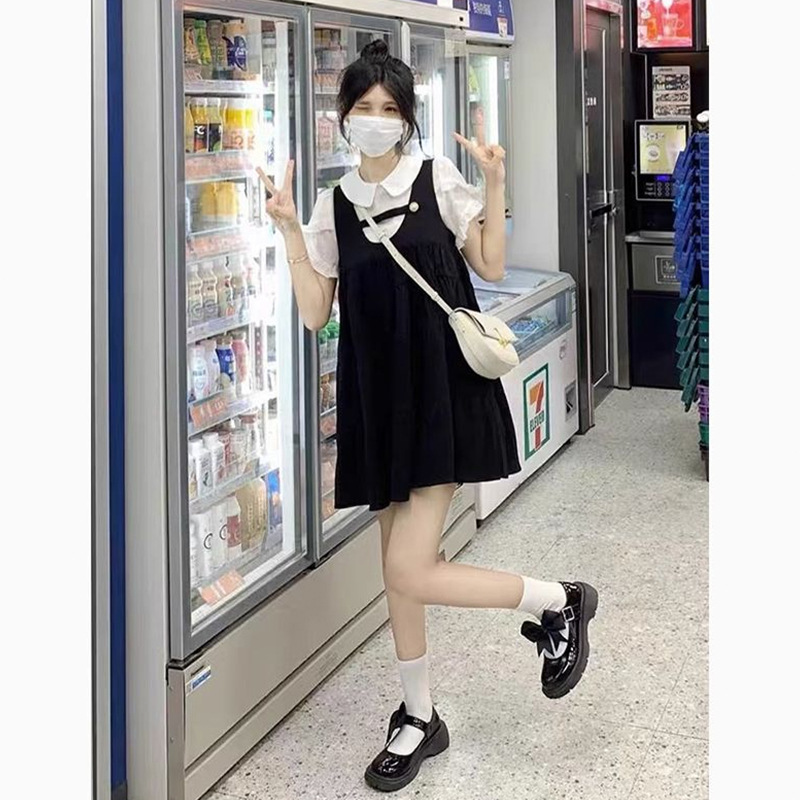 College Style Strap Dress Women's High-end Sweet Fresh Doll Collar First Love Little Man Black Dress for Summer