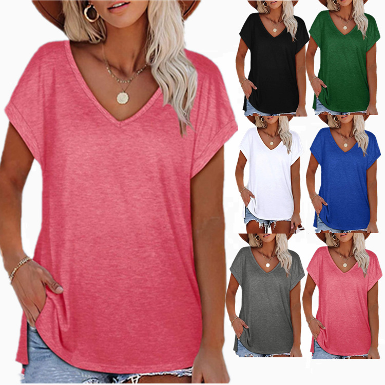 Women's T2022 New Amazon cross-border women's fashion European and American Foreign trade fashion solid color split V-neck short-sleeved T-shirt for women